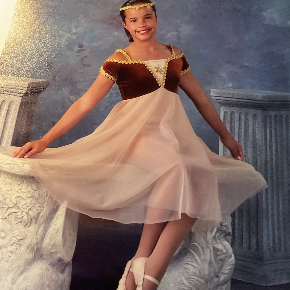 Dance Class Brown Velvet and Cream Tulle Ballet Dress with Gold Trim